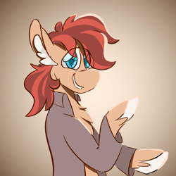 Size: 1800x1800 | Tagged: safe, artist:antimationyt, artist:bluestarsburst, oc, oc only, oc:cottonwood kindle, earth pony, pony, chest fluff, clothes, ear fluff, eye clipping through hair, gift art, gradient background, looking at you, male, raised hoof, shirt, smiling, solo, stallion