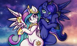 Size: 2048x1229 | Tagged: safe, artist:canvymamamoo, princess celestia, princess luna, alicorn, pony, semi-anthro, g4, arm hooves, belly button, blushing, duo, ear fluff, female, hoof shoes, jewelry, lidded eyes, looking at you, mare, peytral, regalia, royal sisters, sisters, smiling, stars