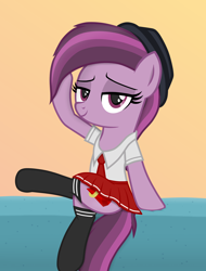 Size: 2252x2962 | Tagged: safe, artist:chomakony, oc, oc only, oc:ruby geminis, earth pony, pony, bed, bedroom eyes, clothes, crossed legs, earth pony oc, female, gradient background, hat, high res, lidded eyes, looking at you, mare, misleading thumbnail, school uniform, show accurate, simple background, skirt, smiling, socks, solo, vector