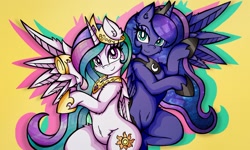 Size: 2048x1229 | Tagged: safe, alternate version, artist:canvymamamoo, princess celestia, princess luna, alicorn, pony, semi-anthro, g4, arm hooves, belly button, blushing, duo, ear fluff, female, hoof shoes, jewelry, lidded eyes, looking at you, mare, peytral, regalia, royal sisters, simple background, sisters, smiling, stars, yellow background