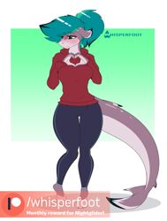 Size: 969x1280 | Tagged: safe, artist:whisperfoot, oc, oc only, oc:fionna, original species, shark, shark pony, anthro, blushing, clothes, female, floppy ears, flustered, heart hands, hoodie, looking away, nervous, pants, passepartout, patreon, patreon logo, ponytail, solo, teal eyes, yoga pants