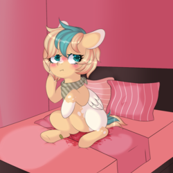 Size: 1000x1000 | Tagged: safe, artist:veincchi, oc, oc only, oc:sun light, pegasus, pony, accident, bandana, bed, bedroom, bedwetting, blanket, blushing, coat markings, dappled, embarrassed, female, filly, foal, indoors, pillow, pinto, pissing, solo, urine, wet spot, wetting