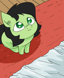 Size: 700x850 | Tagged: safe, artist:happy harvey, oc, oc:filly anon, :3, bed, bedroom, behaving like a cat, behaving like a dog, colored pupils, ear fluff, female, filly, looking up, phone drawing, rug, sheet, sitting