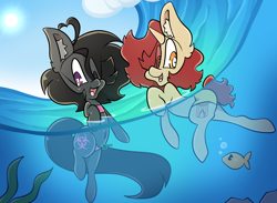 Size: 5000x3667 | Tagged: safe, artist:murkypie, oc, oc:levi dalgaard, oc:toxxie, earth pony, fish, pony, unicorn, bubble, clothes, crepuscular rays, looking at each other, looking at someone, ocean, open mouth, open smile, seaweed, smiling, smiling at each other, summer, sun, sunlight, swimming, swimsuit, underwater, water, wave