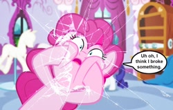Size: 1024x651 | Tagged: safe, artist:silverbuller, pinkie pie, rarity, g4, breaking the fourth wall, broken, carousel boutique, fourth wall, ponyquin, shattered, shattered glass, speech bubble, text, touching face