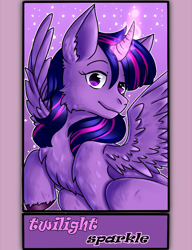 Size: 1037x1351 | Tagged: safe, alternate version, artist:d3legion, twilight sparkle, alicorn, pony, g4, bust, chest fluff, curved horn, female, glowing horn, horn, mare, smiling, solo, twilight sparkle (alicorn), unshorn fetlocks