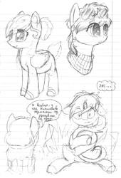 Size: 1660x2440 | Tagged: safe, artist:intfighter, oc, oc only, pegasus, pony, unicorn, bust, cyrillic, dialogue, horn, lined paper, monochrome, pegasus oc, sitting, traditional art, unicorn oc, wings