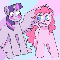 Size: 2000x2000 | Tagged: safe, artist:ponkersetfan01, pinkie pie, twilight sparkle, alicorn, earth pony, pony, g4, blushing, cute, female, grooming, high res, lesbian, nom, preening, ship:twinkie, shipping, twilight sparkle (alicorn)