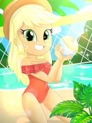 Size: 1800x2400 | Tagged: safe, artist:artmlpk, applejack, equestria girls, g4, adorable face, adorasexy, adorkable, alternate hairstyle, applejack's hat, ball, beach, beautiful, clothes, cowboy hat, cute, digital art, dork, female, grin, hat, jackabetes, lens flare, looking at you, net, one-piece swimsuit, palm tree, plant, sexy, smiling, smiling at you, solo, sports, swimsuit, tree, volleyball, volleyball net, water, watermark