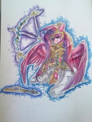Size: 514x679 | Tagged: safe, artist:kiwwsplash, princess cadance, alicorn, pony, g4, armor, arrow, bow (weapon), clothes, female, glowing horn, horn, magic, mare, quiver, solo, telekinesis, traditional art