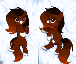 Size: 2994x2500 | Tagged: safe, artist:mint-light, oc, oc only, oc:java, earth pony, pony, body pillow, body pillow design, butt, coat markings, colored hooves, commission, earth pony oc, high res, on back, plot, show accurate, socks (coat markings), solo, ych result