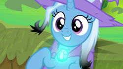 Size: 1280x720 | Tagged: safe, artist:disneymarvel96, edit, edited screencap, editor:disneymarvel96, screencap, trixie, pony, unicorn, g4, brooch, cape, clasp, clothes, female, glowing, hat, solo, trixie's cape, trixie's glowing brooch, trixie's hat