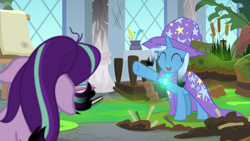 Size: 800x450 | Tagged: safe, artist:disneymarvel96, edit, edited screencap, editor:disneymarvel96, screencap, starlight glimmer, trixie, a horse shoe-in, g4, brooch, cape, clasp, clothes, duo, glowing, hat, trixie's cape, trixie's glowing brooch, trixie's hat