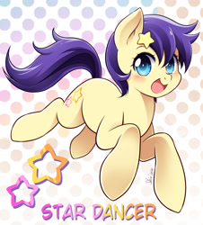 Size: 1683x1860 | Tagged: safe, artist:nekoshiei, star dancer, earth pony, pony, g4, my little pony: the manga, abstract background, cute, female, looking at you, mare, open mouth, signature, smiling, solo