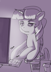 Size: 2480x3508 | Tagged: safe, artist:nire, twilight sparkle, alicorn, pony, g4, chair, chinese food, computer, computer mouse, cup noodles, exhausted, female, high res, keyboard, sketch, sleepy, solo, tired, tired eyes, twilight sparkle (alicorn)
