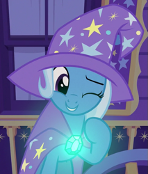Size: 511x600 | Tagged: safe, artist:disneymarvel96, edit, edited screencap, editor:disneymarvel96, screencap, trixie, pony, unicorn, g4, brooch, cape, clasp, clothes, female, glowing, hat, one eye closed, solo, trixie's cape, trixie's glowing brooch, trixie's hat, trixie's wagon, wink