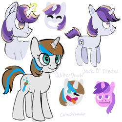 Size: 1000x1000 | Tagged: safe, artist:catachromatic, amethyst star, sparkler, oc, oc:glitter brush, oc:jack o' trades, pony, unicorn, g4, bean mouth, colored sketch, doodle dump, female, firealpaca, male, mare, ponysona, simple background, stallion, white background