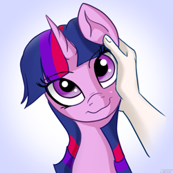 Size: 1959x1959 | Tagged: safe, artist:exploretheweb, twilight sparkle, human, pony, g4, cute, ear scratch, human on pony petting, looking at you, offscreen character, petting, simple background, solo focus, twiabetes, white background