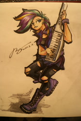 Size: 2880x1920 | Tagged: safe, artist:musical ray, rarity, human, equestria girls, g4, alternate hairstyle, clothes, female, keytar, marker drawing, musical instrument, punk, raripunk, rock (music), solo, traditional art