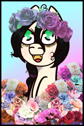 Size: 607x916 | Tagged: safe, artist:lazerblues, oc, oc only, oc:floor bored, pony, bags under eyes, blushing, fangs, flower, flower in hair, solo