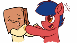 Size: 1061x595 | Tagged: safe, artist:paperbagpony, artist:thebadbadger, oc, oc:paper bag, oc:phire demon, blushing