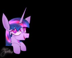 Size: 1000x800 | Tagged: safe, artist:php163, twilight sparkle, pony, unicorn, g4, big ears, black background, chest fluff, ear fluff, eyelashes, female, looking left, mare, peeking, signature, simple background, smiling, solo, unicorn twilight