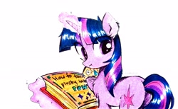 Size: 3781x2322 | Tagged: safe, artist:liaaqila, twilight sparkle, pony, unicorn, g4, book, butt, female, glowing horn, high res, horn, mare, plot, simple background, solo, traditional art, unicorn twilight, white background