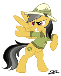 Size: 1200x1500 | Tagged: safe, artist:divebomb5, daring do, pony, fanfic:treasure in the west, g4, >:d, clothes, fanfic, fanfic art, fanfic cover, female, hat, shirt, simple background, smiling, solo, spread wings, transparent background, vector, wings