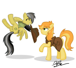 Size: 648x576 | Tagged: safe, artist:divebomb5, braeburn, daring do, earth pony, pegasus, pony, fanfic:treasure in the west, g4, braedo, clothes, digital art, duo, duo male and female, eyes closed, female, flying, hat, jacket, male, mare, playing, simple background, stallion, teasing, white background