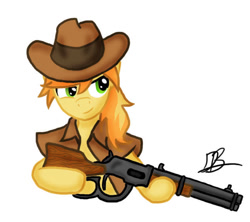 Size: 648x576 | Tagged: safe, artist:divebomb5, braeburn, earth pony, semi-anthro, fanfic:treasure in the west, g4, arm hooves, clothes, digital art, fanfic, fanfic art, gun, hat, jacket, lever action rifle, male, rifle, simple background, smiling, solo, weapon, white background