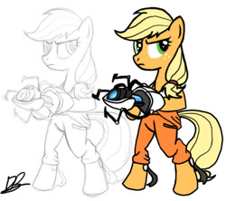 Size: 648x576 | Tagged: safe, artist:divebomb5, applejack, earth pony, pony, g4, bipedal, clothes, digital art, female, hatless, missing accessory, portal (valve), portal gun, solo