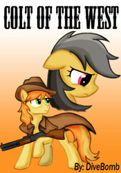 Size: 504x720 | Tagged: safe, artist:divebomb5, braeburn, daring do, fanfic:colt of the west, fanfic:treasure in the west, g4, braedo, clothes, digital art, fanfic, fanfic art, fanfic cover, gun, hat, jacket, rifle, weapon