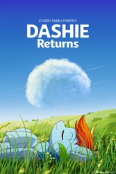 Size: 1280x1920 | Tagged: safe, artist:symbianl, rainbow dash, pegasus, pony, g4, cloud, cute, dashabetes, eyes closed, female, hooves to the chest, lying down, lying in grass, on back, parody, solo, studio ghibli, the cat returns