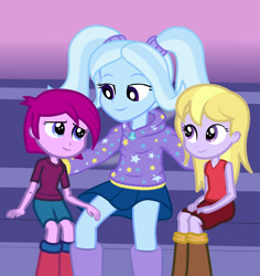 Size: 1020x1080 | Tagged: safe, artist:jerrickvolson, fuchsia blush, lavender lace, trixie, human, equestria girls, g4, age regression, alternate hairstyle, babysitter trixie, clothes, female, hoodie, trio, trio female, trixie and the illusions, younger