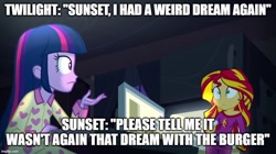 Size: 896x500 | Tagged: safe, edit, edited screencap, editor:twi clown, screencap, sunset shimmer, twilight sparkle, alicorn, equestria girls, g4, my little pony equestria girls: rainbow rocks, caption, clothes, duo, food, image macro, pajamas, text, twilight sparkle (alicorn), whipped cream