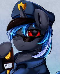 Size: 1443x1764 | Tagged: safe, artist:pridark, oc, oc only, pony, unicorn, bust, chest fluff, clothes, commission, cute, handsome, male, police hat, police officer, police uniform, portrait, red eyes, solo, sunglasses, uniform