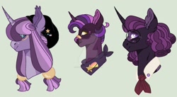 Size: 1024x560 | Tagged: safe, artist:jaysey, artist:kyper-space, oc, oc only, oc:interstellar, oc:lavender quartz, oc:midnight drip, pony, unicorn, bandaid, bandaid on nose, bandana, base used, bust, deviantart watermark, glasses, hat, magical lesbian spawn, obtrusive watermark, offspring, parent:tempest shadow, parent:twilight sparkle, parents:tempestlight, shirtless shirt collar, siblings, watermark