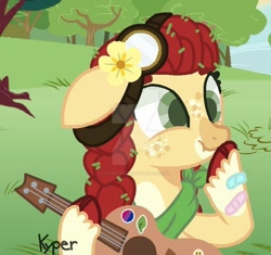 Size: 600x563 | Tagged: safe, artist:kandybases, artist:kyper-space, apple bloom, earth pony, pony, g4, bandaid, bandana, base used, deviantart watermark, female, filly, flower, flower in hair, freckles, goggles, guitar, musical instrument, obtrusive watermark, redesign, solo, watermark