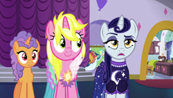 Size: 1280x720 | Tagged: safe, screencap, moonlight raven, pretzel twist, sunshine smiles, pony, unicorn, canterlot boutique, g4, clothes, dress, female, mare, puffy sleeves