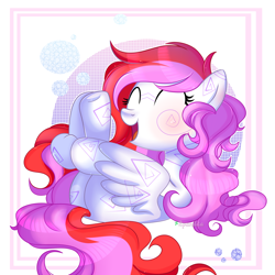 Size: 3500x3500 | Tagged: safe, artist:2pandita, oc, oc only, oc:ayame, pegasus, pony, abstract background, blushing, coat markings, female, happy, high res, mare, open mouth, solo, underhoof