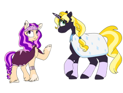 Size: 1280x960 | Tagged: safe, artist:doodletheexpoodle, oc, oc:daylight amethyst, oc:northern star, earth pony, pony, unicorn, brother and sister, cloak, clothes, duo, female, fraternal twins, glasses, headband, male, offspring, parent:sunburst, parent:twilight sparkle, parents:twiburst, siblings, simple background, transparent background, twins, unshorn fetlocks