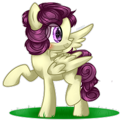 Size: 1797x1754 | Tagged: safe, artist:midnightmusic, oc, oc only, oc:starfruit fritter, pegasus, pony, base used, blushing, commission, female, grass, happy, looking back, mare, simple background, solo, standing, transparent background, wings, ych result