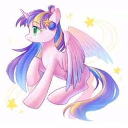 Size: 1600x1600 | Tagged: safe, artist:leafywind, oc, oc only, alicorn, pony, alicorn oc, colored wings, female, gradient wings, horn, mare, profile, raised hoof, smiling, solo, spread wings, starry eyes, stars, wingding eyes, wings