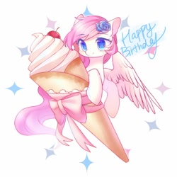 Size: 1080x1080 | Tagged: safe, artist:leafywind, oc, oc only, oc:leafy, pegasus, pony, blue eyes, cherry, cute, female, flower, flower in hair, food, happy birthday, ice cream, mare, micro, smiling, solo, spread wings, starry eyes, wingding eyes, wings