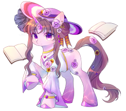 Size: 2500x2200 | Tagged: safe, artist:leafywind, oc, oc only, pony, unicorn, book, colored horn, ear piercing, female, flower, flower in hair, high res, horn, jewelry, mare, pendant, piercing, purple eyes, raised hoof, simple background, solo, transparent background