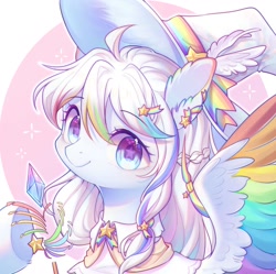 Size: 1870x1860 | Tagged: safe, artist:leafywind, oc, oc only, pegasus, pony, abstract background, braid, bust, colored wings, colored wingtips, ear fluff, female, hairband, hairpin, hat, looking at you, mare, multicolored wings, rainbow wings, smiling, solo, spread wings, starry eyes, stars, underhoof, wingding eyes, wings