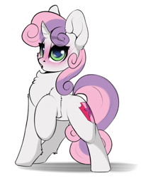 Size: 1628x2048 | Tagged: safe, artist:skitsroom, derpibooru exclusive, sweetie belle, pony, unicorn, g4, blushing, cheek fluff, chest fluff, cute, cutie mark, diasweetes, female, filly, raised hoof, simple background, solo, the cmc's cutie marks, underhoof, white background