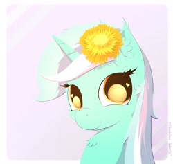 Size: 1900x1800 | Tagged: safe, artist:cheshiresdesires, lyra heartstrings, pony, unicorn, g4, bust, cute, dandelion, female, flower, flower in hair, heart eyes, lyrabetes, mare, portrait, solo, wingding eyes