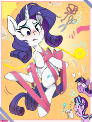 Size: 1200x1600 | Tagged: safe, artist:fuyugi, rarity, starlight glimmer, twilight sparkle, alicorn, pony, unicorn, g4, adorable distress, blushing, bondage, cute, female, group, implied lesbian, implied rarilight, implied shipping, mare, ribbon, scissors, sweat, tangled up, tongue out, trio, twilight sparkle (alicorn)