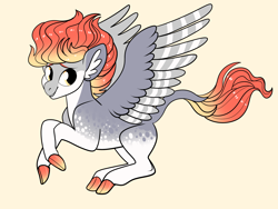 Size: 2800x2100 | Tagged: safe, artist:loryska, oc, oc only, pony, cloven hooves, flying, high res, interspecies offspring, magical lesbian spawn, offspring, orange background, parent:autumn blaze, parent:derpy hooves, simple background, solo